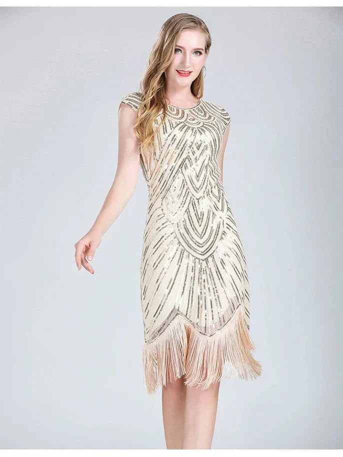 Women 1920s Flapper Dress Great Gatsby Dress V-Neck Sleeve Sequin Fringe Party Midi Dress Vestido Summer Women Dress