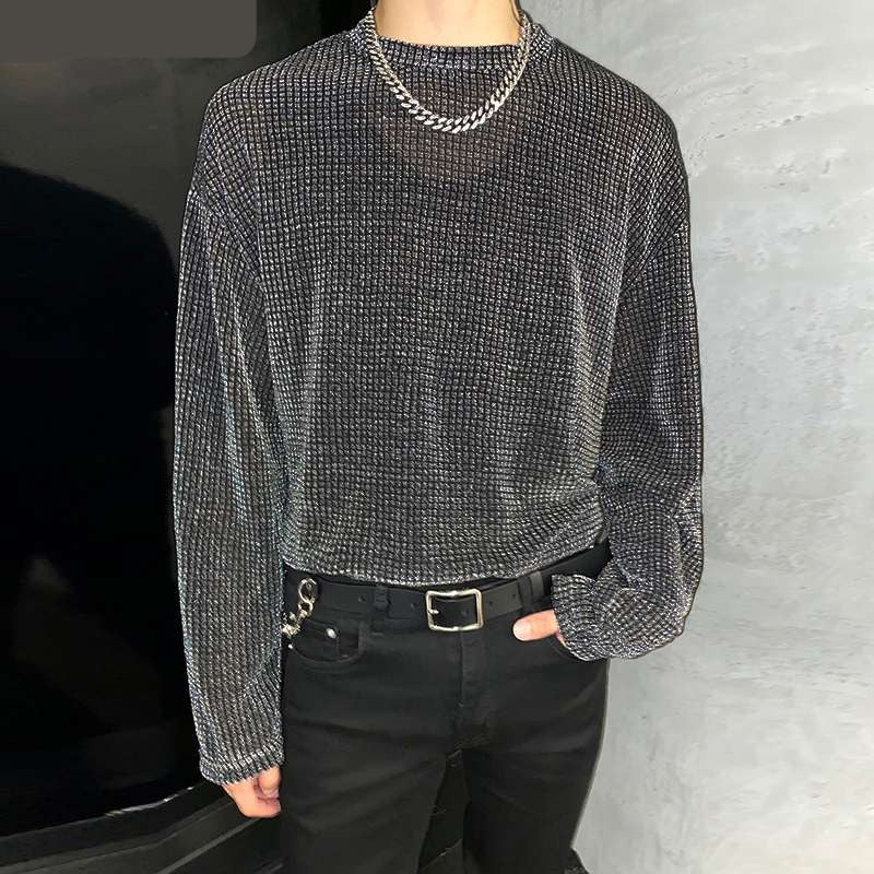 jiaabc Men Mesh T Shirt Transparent Round Neck Long Sleeve Sexy Streetwear Camisetas Casual Party Nightclub Tee Tops 5XL