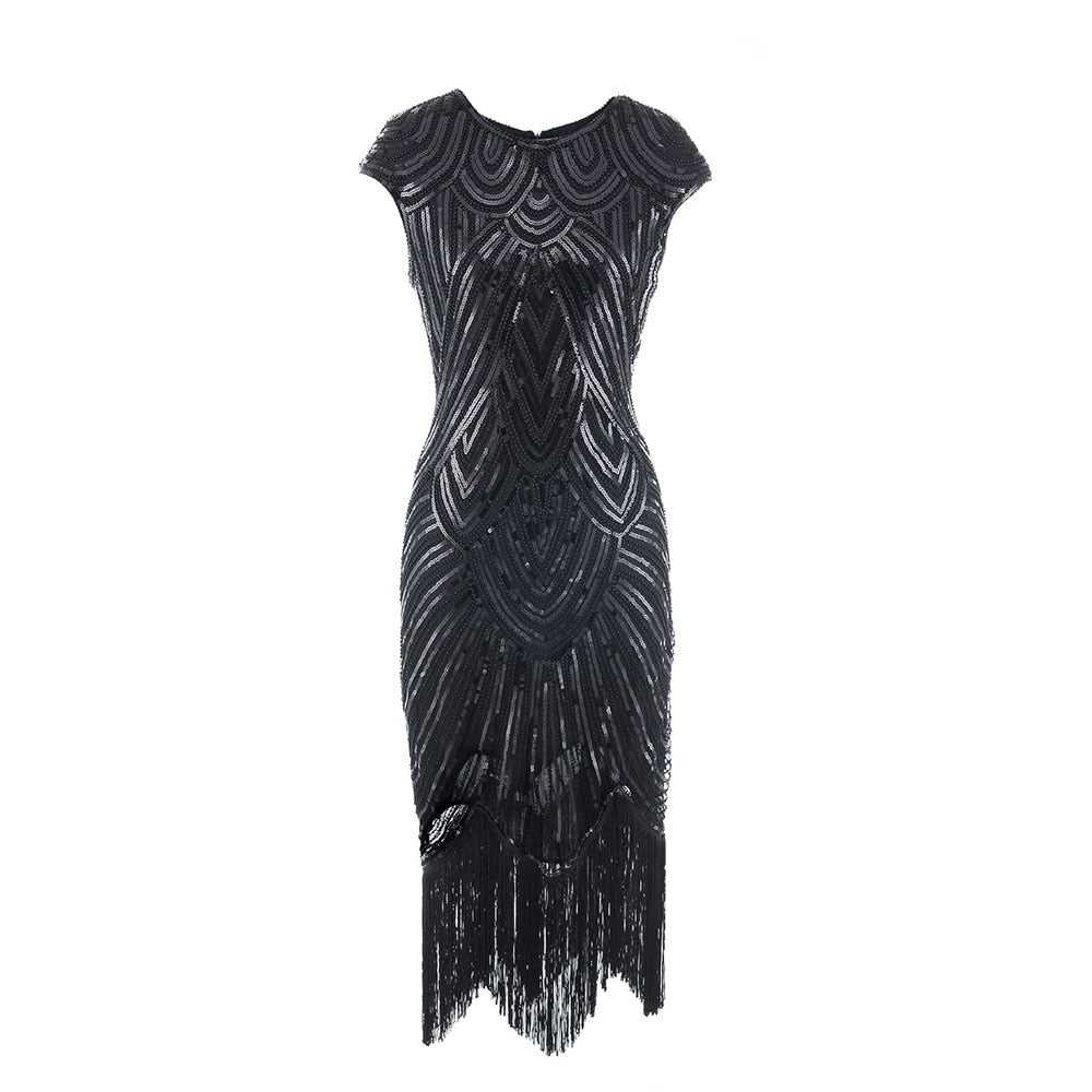 Vintage 1920s Flapper Great Gatsby Dress O-Neck Cap Sleeve Sequin Fringe Party Midi Dress Vestidos Verano 2019 Summer Dress