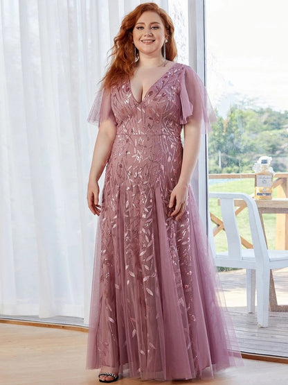 Plus Size Prom Dresses Romantic Shimmery V-Neck Ruffle Sleeves Ever Pretty Classic Maxi Long Evening Gowns Vestidos De Gala