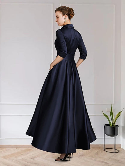 vmtvr On Sale Charming Dark Navy Mother of the Bride Dresses with 3/4 Sleeves V Neck Bow Belt Wedding Party Dresses High Low 2023