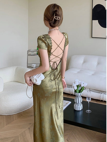 vmtvr - Elegant Women Green Satin Backless Evening Dress Ladies Lace Bandage Vintage Jacquard Mixi Dresses Party Vestidos Summer Robe