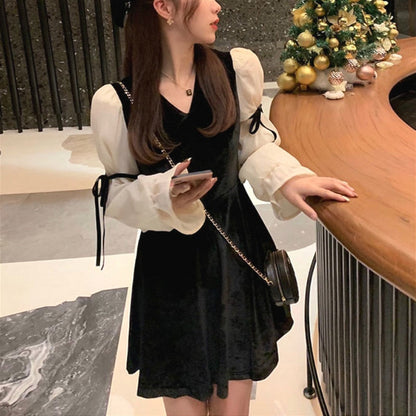 Vintage Mini Dress Lolita Women Autumn Lace Bow Velvet Evening Party Dress Female Y2k Casual Kawaii One Piece Dress Korean