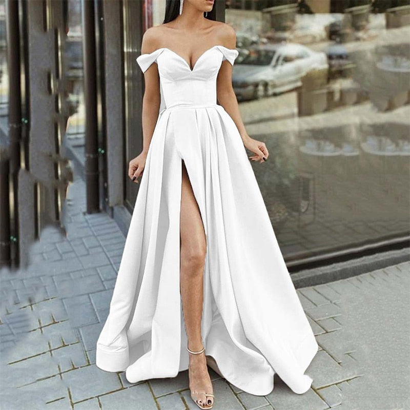 vmtvr Summer Women Off Shoulder Strapless Club Party Dress Spring Elegant Slash Neck Backless Maxi Dress Short Sleeve Split Lady Dress