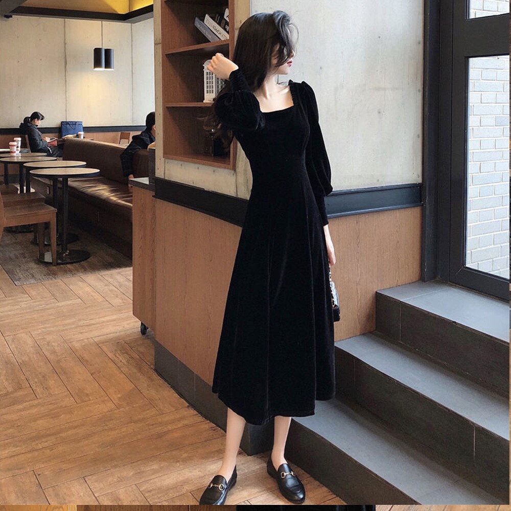 vmtvr Vintage Black Velvet Dress  Women Autumn Winter Warm Long Sleeve Maxi Dress French Elegant V-Neck Party Dresses