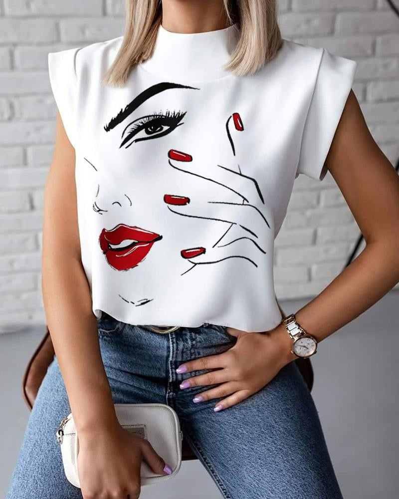 Fashion Women Elegant Lips Print Tops Blouse Shirts Summer Ladies Office Casual Stand Neck Pullovers Eye Blusa Tops