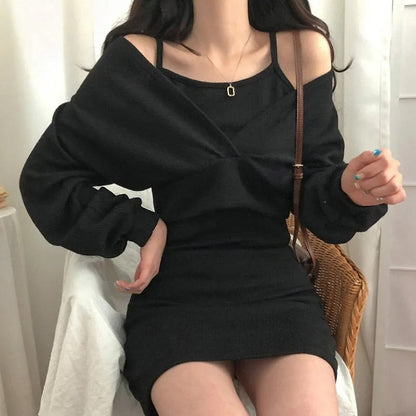 Sexy Solid Knitted Mini Dress Women Two Piece Set Skinny Dresses and Long Sleeve Knitted Cardigan Harajuku Dress Vestidos