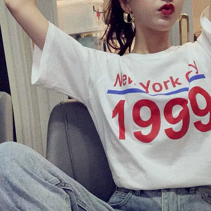 -Retro sports style outfit streetwear 90s fashion New York City 1999 Letters Printed FashionT Shirts For Women White Plus Size Short Sleeve Ins Fashion Tees Kpop Cotton Tops