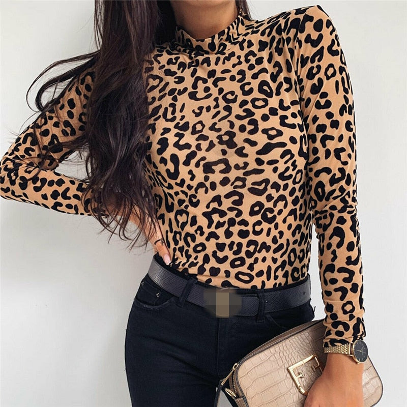 -Fall Outfits Long Sleeve Top  Women Blouses Fashion Leopard Print Turtle Neck Blouse Autumn Long Sleeve Shirts Party Ladies Clothes Womens Blouses And Tops