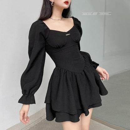 vmtvr - Fashion Elegant Puff Sleeve Black Dress Women Corset Autumn Pleated Sexy Party Dress Mini Double Layer Ruched Clothes