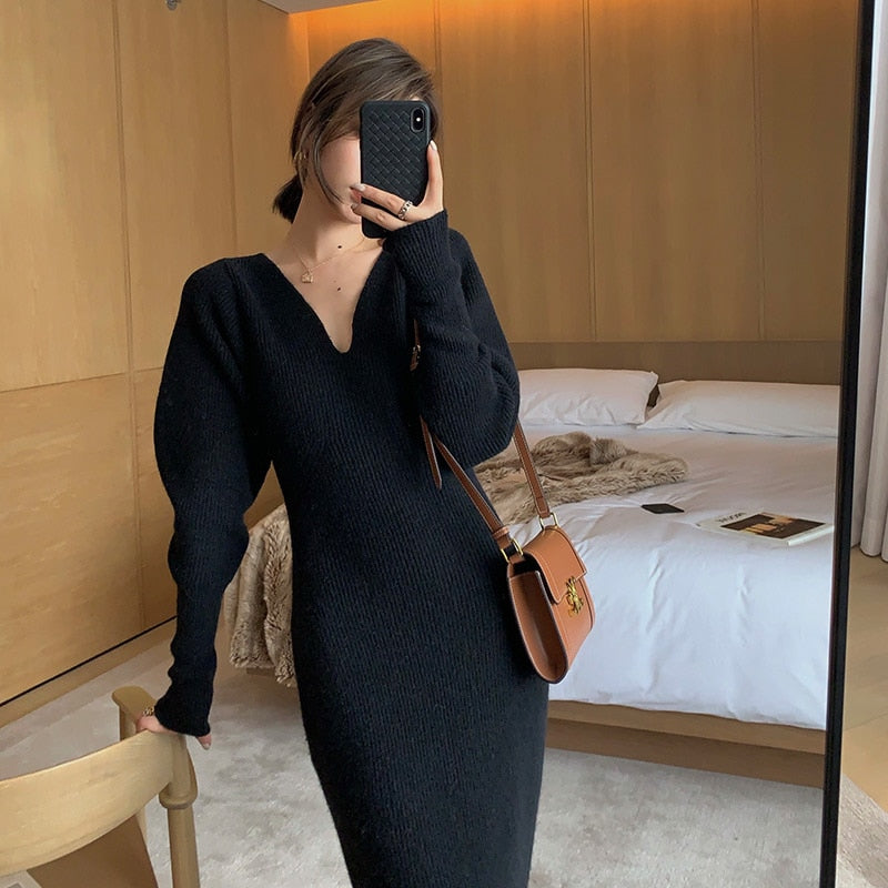 vmtvr - Elegant Long White Knitting Dress Women Winter V-Neck Long Sleeve Bodycon Dress Korean Office Lady High Waist Vintage Dress