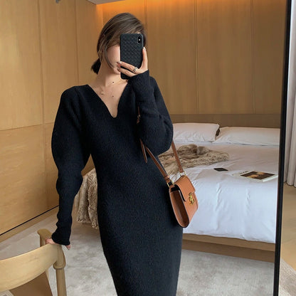 vmtvr - Elegant Long White Knitting Dress Women Winter V-Neck Long Sleeve Bodycon Dress Korean Office Lady High Waist Vintage Dress