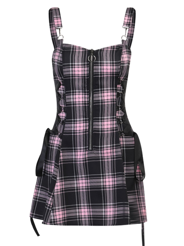 vmtvr Gothic Plaid Bandage Black Blue Dress Women Vintage Sleeveless Zipper Sexy Mini Dress Punk Aesthetic Summer A Line Dress