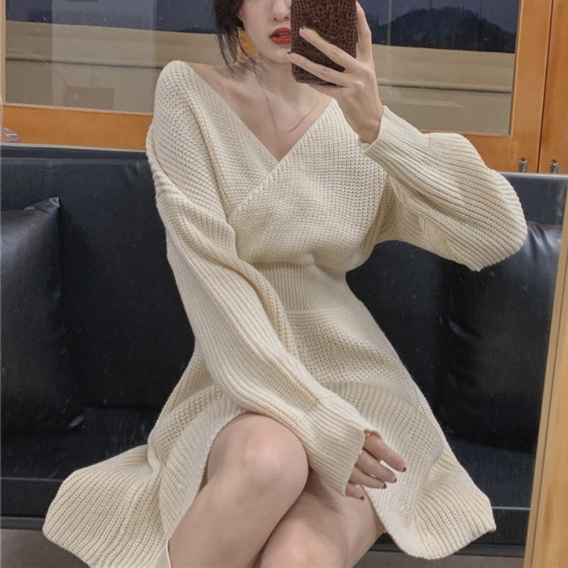 vmtvr Atumn Knitted Dress Women Long Sleeve V-Neck Sexy Pure Color Elegant Sweater Mini Dress Female Party One Piece Dress Korean