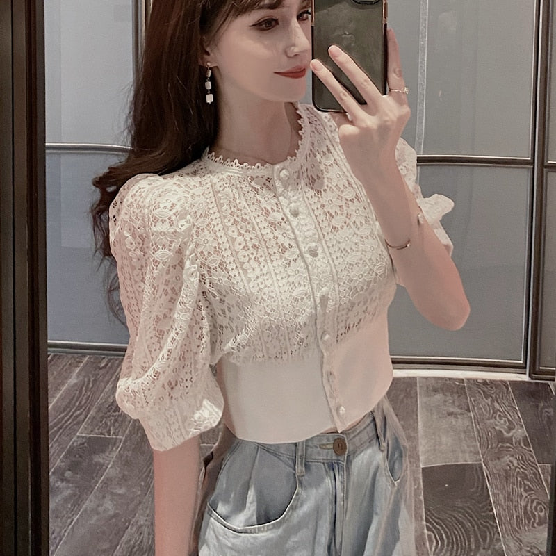 Summer Blouse Women Korean Hollow Out Lace White Women Shirt   New Short Sleeve Button Loose Shirts Solid Female Tops 13607