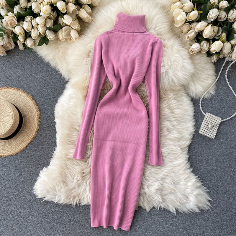 Sweater Dress Winter Turtleneck Warm Long Sleeve Knit Dress Korean Fashion Casual Solid Women Midi Bodycon Dress