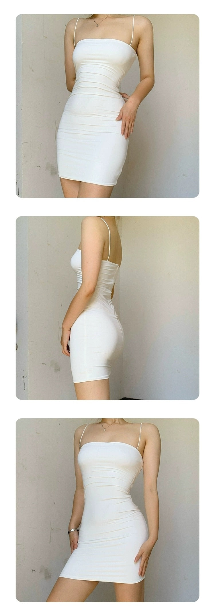 vmtvr - 2023 Summer Sexy Tight-Fitting Suspender Dress Female Solid Color Basic Stretch Bag Hip Short Dress White Mini Dress  S774