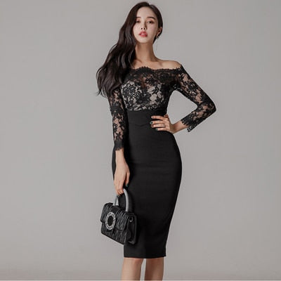 new arrival fashion korean spring midi party dress women OL temperament lace perspective sexy off-shoulder holiday pencil dress