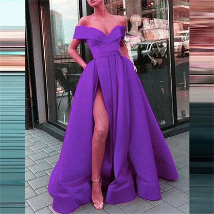 Women Sexy V Neck Long Party Dress Solid Elegant Sleeveless High Slit Dress Lady Fashion Off Shoulder Pleated Maxi Dress Vestido