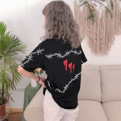 Loose Short Sleeve Unisex Tees Couple Clothes Grunge Tumblr Tops Bf Harajuku Women's T-Shirts Thorns Pattern Streetwear T Shirt