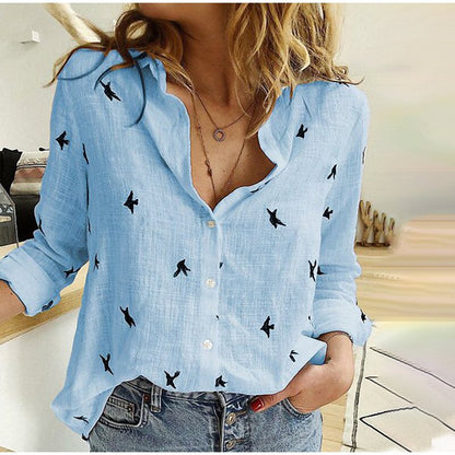 -Fall Outfits Long Sleeve Top  Women's Birds Print Shirts 35% Cotton Long Sleeve Female Tops  Spring Summer Loose Casual Office Ladies Shirt Plus Size 5XL