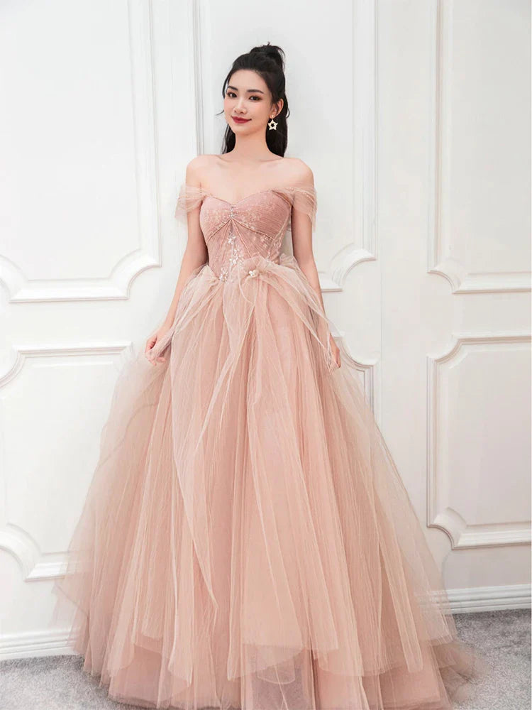 vmtvr  -  PINK TULLE LONG PROM DRESS PINK EVENING DRESS