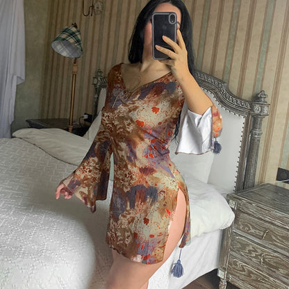 vmtvr - Summer Floral Print Flare Long Sleeve Mini Dress Casual Vintage Grunge Short Dress Ladies Split White Women Dress