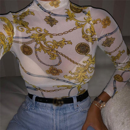 -Fall Outfits Long Sleeve Top  Women Mesh Sheer See Through Print Shirt Blouses Outwear Turtleneck Long Sleeve Tops Transparent Slim Shirt Bodycon Club Blouse