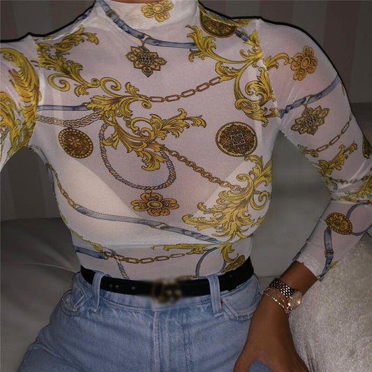 -Fall Outfits Long Sleeve Top  Women Mesh Sheer See Through Print Shirt Blouses Outwear Turtleneck Long Sleeve Tops Transparent Slim Shirt Bodycon Club Blouse