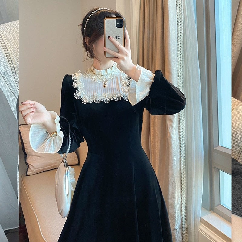 vmtvr - French Retro Black Midi Dress Women Elegant One Piece Dress Korean Autumn SLim Lace Evening Party Velvet Dress Female Cute