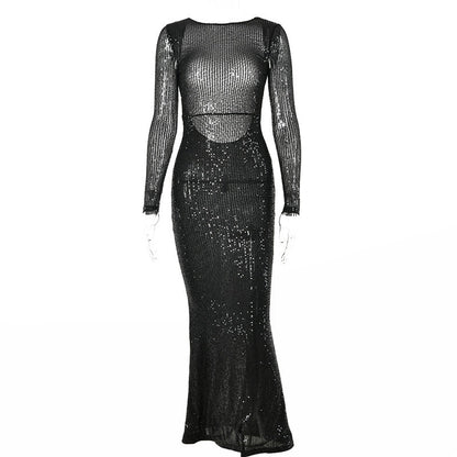 vmtvr - Backless Black Maxi Dress Women Sexy High Waist Elegant Fashion Streetwear Casual Slim Round Collar Sequins Female Dress