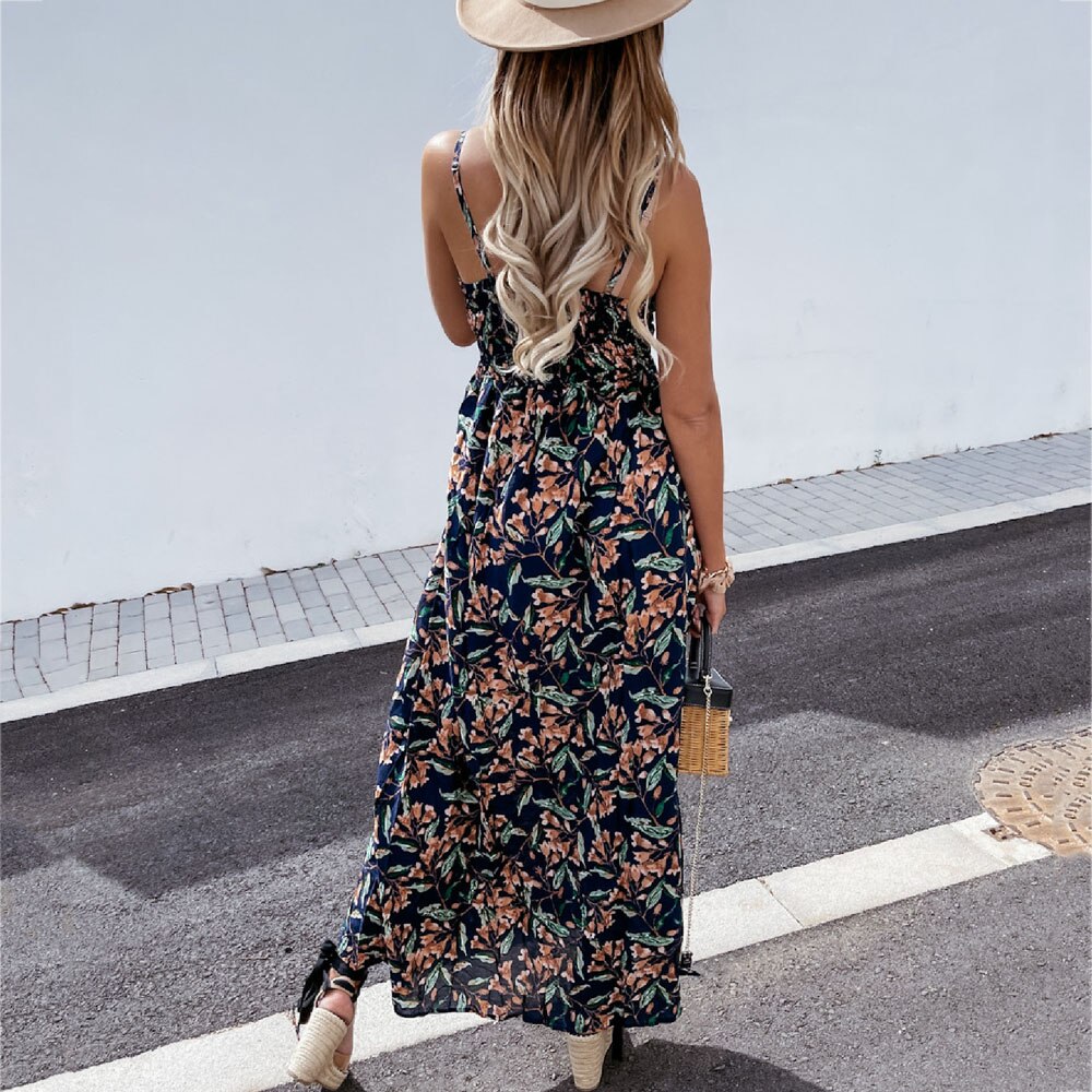 Summer Casual Loose Bohemian Beach Vacation Maxi Dress For Women Fashion Print Sexy Deep V-neck Backless Spaghetti Sundress