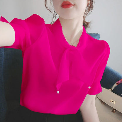 Women Summer Chiffon Blouses Shirts Lady Casual Bow Tie Collar Short Puff Sleeve Chiffon Blusas Tunic Tops DD9122