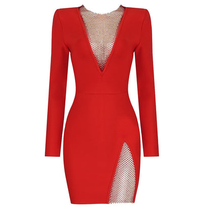 vmtvr -  New Summer New Women&#39;s Sexy V-neck Mesh Diamond Long Sleeve Bodycon Bandage Dress Fashion Celebrity Party Dress vestido