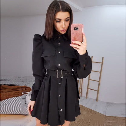 Women Casual Puff Sleeve Belt A Line Party Dress Long Sleeve Turn Down Collar Office Lady Fashion Autumn Winter Mini Dress