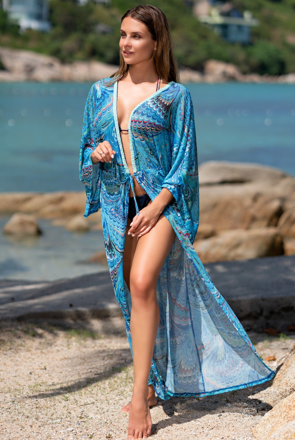 -Fall Outfits Long Sleeve Top   Purple Bohemian Printed Long Sleeve Self Belted Tassel Plus Size Beachwear Kimono Tunic Women Tops And Blouses Shirts Q1237