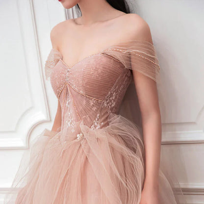 vmtvr  -  PINK TULLE LONG PROM DRESS PINK EVENING DRESS