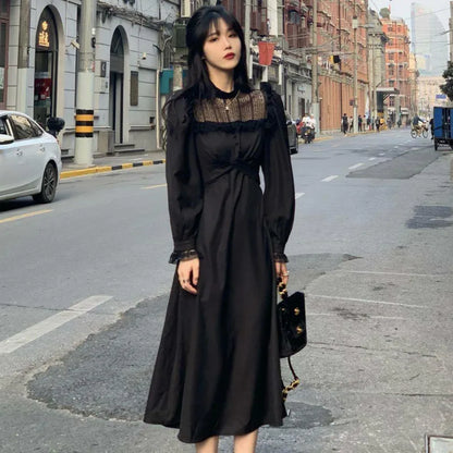 vmtvr  -  Gothic Black Y2k Dress Women Autumn Casual Lace Long Sleeve One Piece Dress Korean Evening Party Elegant Midi Dress Female