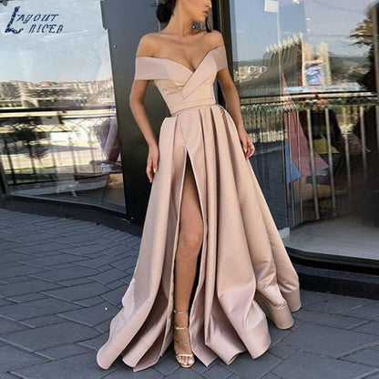 Sexy Off Shoulder Backless Slit Maxi Dress Elegant Strapless Solid Club Party Dress Summer Women Short Sleeve Boho Long Dresses