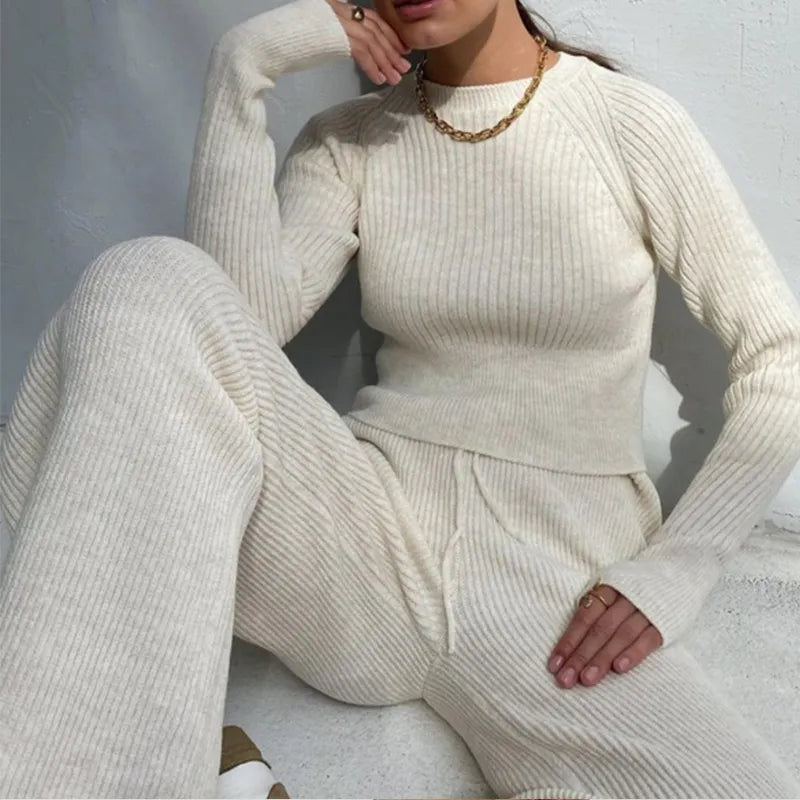 vmtvr Women Solid Knitt Sweater Sets Casual O Neck And Drawstring Wide Leg Pant Suit Autumn Winter Long Sleeve Homewear Loose Outfits