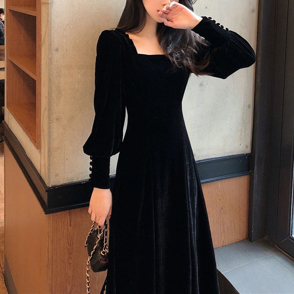 vmtvr Vintage Black Velvet Dress  Women Autumn Winter Warm Long Sleeve Maxi Dress French Elegant V-Neck Party Dresses