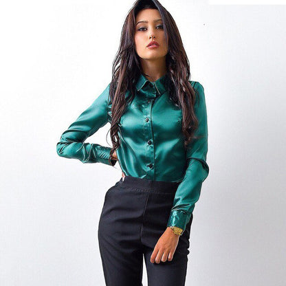 -Fall Outfits Long Sleeve Top  Blusa Women Blouse Elegant Wine Red Green Satin Shirt Turn Down Collar Longth Sleeve Female Formal Office OL Blouse Women Tops