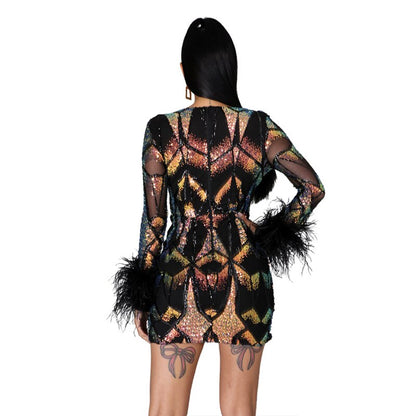 vmtvr Women Sexy Sequins Feather Night Club Party Dress Deep V Neck Sheer Mesh Long Sleeve Bodycon Mini Dresses Vestidos