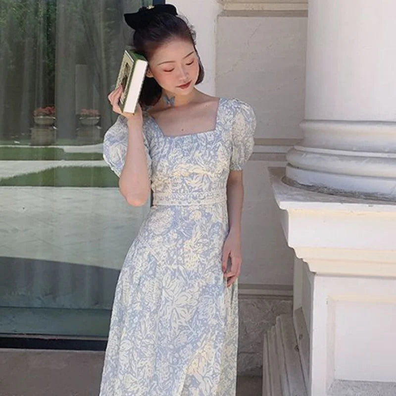 French Vintage Floral Dress Women Square Collar Design Slim Party Dress Female Chiffon Puff Sleeve Wedding Party Midi Dress 2024