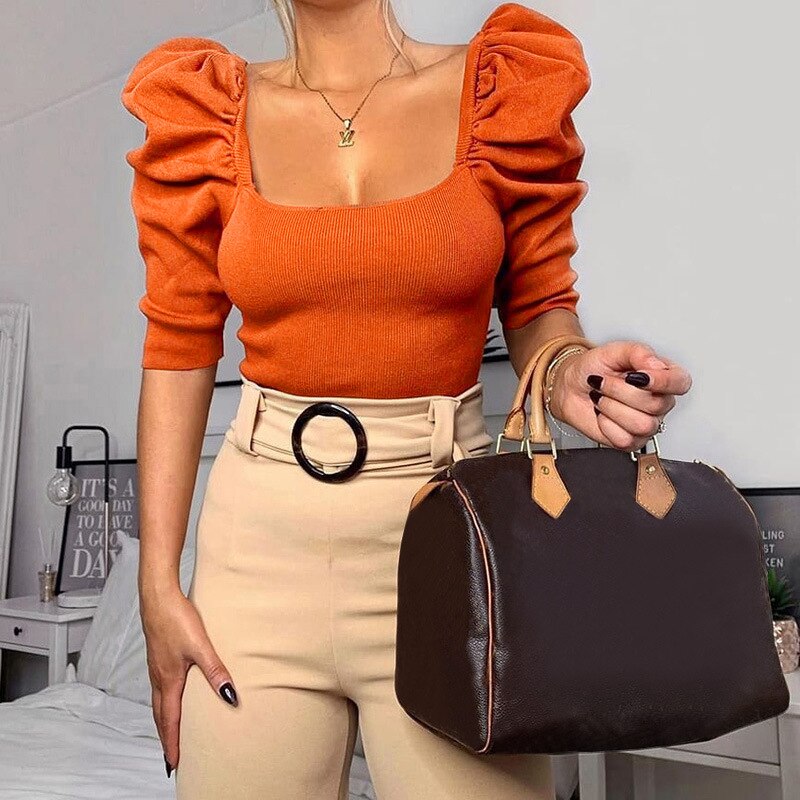 -Fall Outfits  Vintage Puff Sleeve Women Blouse Square Neck Korean Style Tops Elegant Sexy White Black Slim Crop Blouse Women