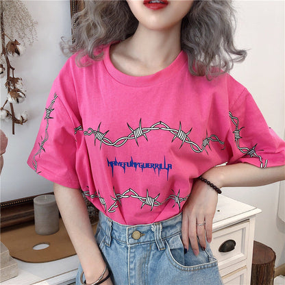 Loose Short Sleeve Unisex Tees Couple Clothes Grunge Tumblr Tops Bf Harajuku Women's T-Shirts Thorns Pattern Streetwear T Shirt