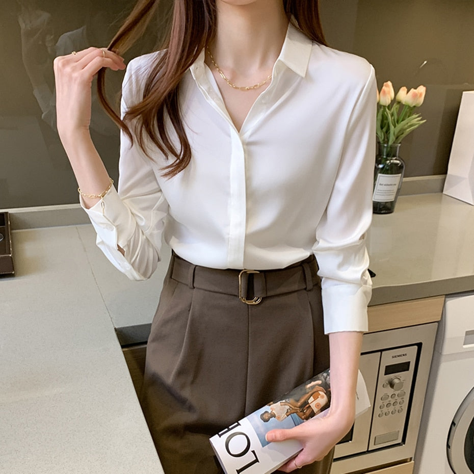 -Fall Outfits Long Sleeve Top  Black Friday Elegant Satin Blouse Autumn Spring Turn-Down Collar Single-Breasted Long Sleeve Female Chiffon Shirt Ladies Blouse Plus