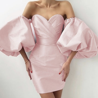 vmtvr Puff Sleeves Trendy Pink Mini Dress Sexy Off Shoulder  Design Celebrity Party Club Satin Dresses Vestido