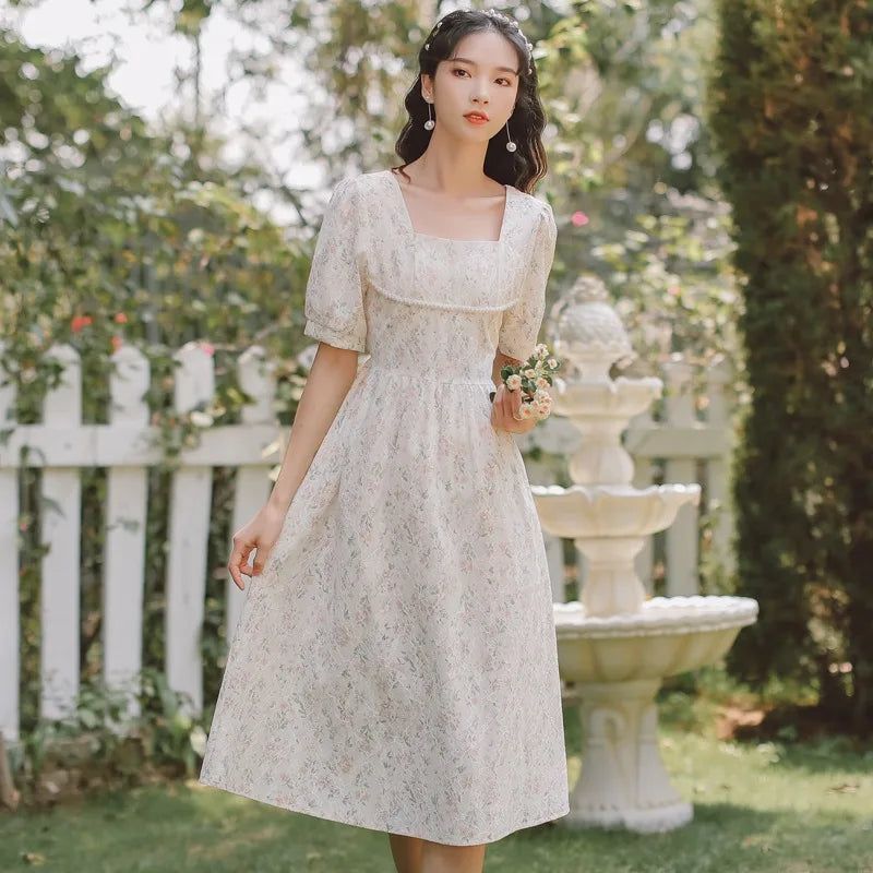 vmtvr French Puff Sleeve Fairy Dress Women Vintage Sweet Party Floral Long Dress Female Summer Chiffon Korean Bandage Dresses New