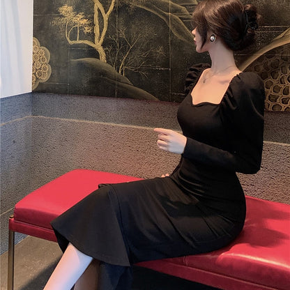 vmtvr - Elegant Mermaid Black Long Dress Women Korean One Piece Vintage Gothic Evening Party Dress Autumn Casual Hepburn Slim Dress 2023